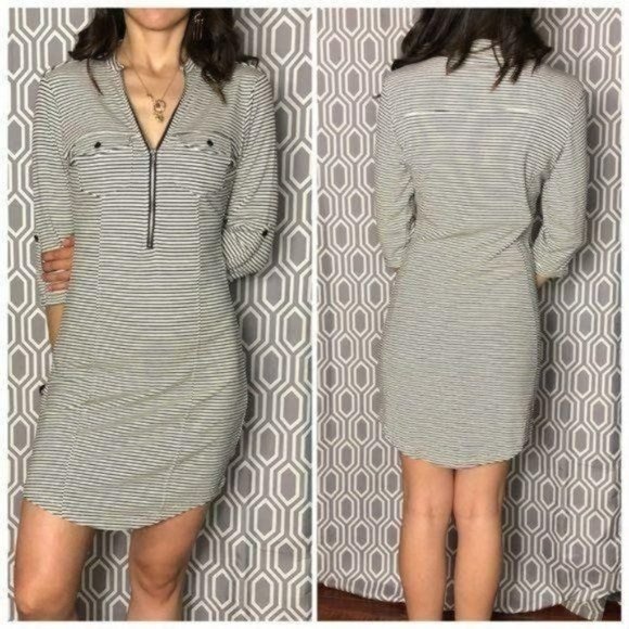 Dresses & Skirts - Black & Cream Striped 3/4ths Sleeves Dress Size S